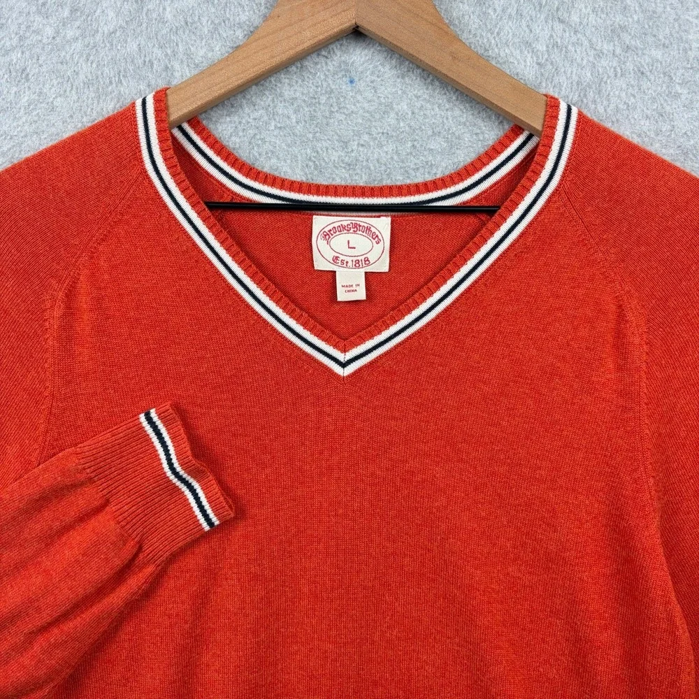 Brooks Brothers Sweater Mens Large Orange V-Neck Tipped Wool Blend Preppy